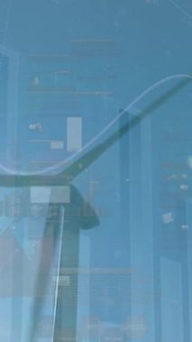 Animation of financial data processing over wind turbine. Global sustainability, wind energy, business, finances, computing and data processing concept digitally generated video.