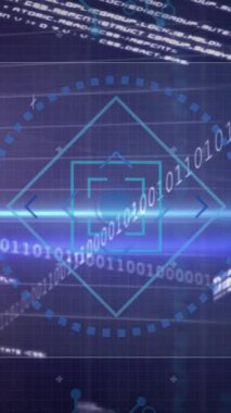 Yuvarlak tarayıcı, borsa veri işleme ve mikroişlemci bağlantılarının animasyonu. Küresel ekonomi ve iş veri teknolojisi kavramı