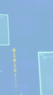 İkili kodlu programlama dilinin animasyonu ve mavi arkaplanda ekranlar. Dijital olarak üretilmiş, kodlanmış, programlanmış dil, veri işleme ve teknoloji kavramı.