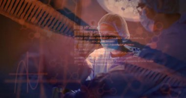 Cerrahlar hastanın üzerine eğilip DNA sarmal kodlarıyla cerrahi veya cerrahi cerrahi ensizyon başlatıyorlar. Tıbbi, takım çalışması, yenilik, kesinlik, teknoloji, sağlık hizmetleri, kısır