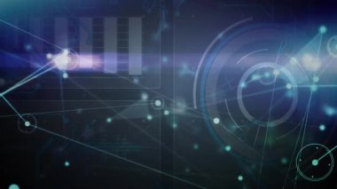 Dijital ağ arayüzü, titreşen düğümler, dönen ölçüm çubukları, veri işleme. Gelecekçi, teknoloji, animasyon, siber güvenlik, etkileşimli, modern, görselleştirme