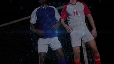 Futbolcular spor teknolojisindeki dijital üst üste binmeye ve top engelleme kalesine atlamaya tepki veriyorlar. Atletik, takım çalışması, rekabet, dinamik, hareket, dijital, modern