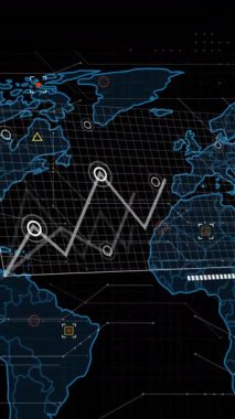 Dünya haritasında finansal veri işleme animasyonu. Küresel finans, iş, bağlantılar, hesaplama ve veri işleme kavramı dijital olarak oluşturulmuş video.