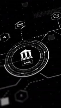 Siyah arkaplan üzerinde veri işleme ile banka ve iş simgelerinin animasyonu. Küresel çevrimiçi alışveriş, iş, bağlantılar, bilgisayar ve veri işleme kavramı dijital olarak oluşturulmuş video.