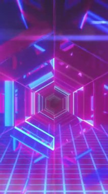 Gelecekçi neon ışıklı pembe ve mavi altıgen geçitli, altında mavi şebeke var. Vintage renk ve hareket konsepti dijital olarak oluşturuldu.