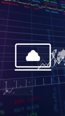 Karanlık arka planda finansal veri işleme animasyonu. Küresel iş, finans ve veri işleme kavramı dijital olarak oluşturulmuş video.