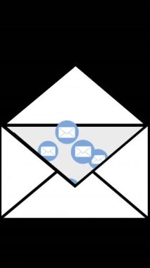 Beyaz mesaj zarfının dijital animasyonu, mesaj zarf simgeleri ile mavi çevrelerin 4k yukarı hareket etmesini sağlar