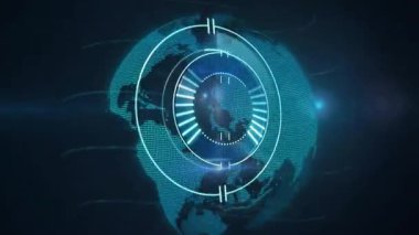 Karanlık boşluktan ortaya çıkan, noktalı dijital dünya titreşimli HUD halkalarıyla dönerek ilerlemeyi görselleştiriyor. Genel, geleceksel, teknoloji, arayüz, veri, görselleştirme, siber