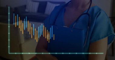 Teal dalga formu, elinde steteskop tepeleri olan gülümseyen bir tıp hemşiresi olduğunu gösteriyor. Sağlık, sağlık, profesyonellik, iletişim, teknoloji, sağlık, klinik