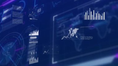 Sayısal gösterge paneli görüntüde kayboluyor ve harita, harita ve ızgaralar canlı analitik gösteriyor. Teknoloji, analiz, görselleştirme, fütüristik, veri, yenilik, kullanıcı arayüzü