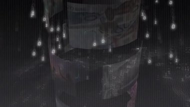 Teknik demo silindirin ikili yağmur aldığını gösteriyor. Dönüşümlü patern parlayan ağ oluşturuyor. Fütürist, dijital, soyut, neon, sürükleyici, teknoloji, siber uzay