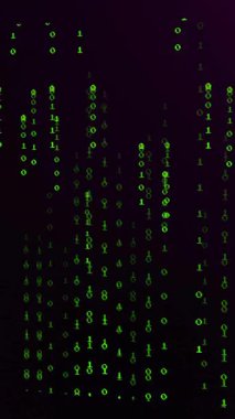 İkili kod ve veri mor fiber optik teller üzerinden akıyor. Teknoloji, siber uzay, dijital, iletişim, internet, ağ