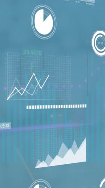 Mavi arka planda istatistik ve finansal veri işleme animasyonu. Küresel iş, finans, hesaplama ve veri işleme kavramı dijital olarak oluşturulmuş video.