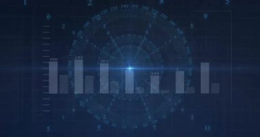 Merkezi ışık titreşimi başlatılıyor, veri görünümü için çubuklar büyüyor ve çizgi grafiği oluşuyor. Dijital, geleceksel, veri görselleştirme, arayüz, holografik, animasyon, teknoloji