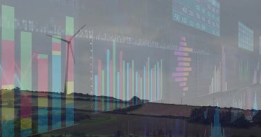 Rüzgâr türbinindeki gösterge paneli zayıflarken enerji verilerini göstermek için grafikler yükselirken döner. Yenilenebilir, teknoloji, analitik, sürdürülebilirlik, dijital, açık hava, çevre dostu