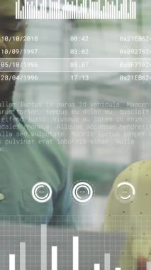 Grafiklerin animasyonu, ofis koridorunda yürürken tartışan çeşitli iş arkadaşlarının üzerine çubuklar yüklemek. Dijital bileşik, çoklu pozlama, rapor, iş, planlama ve takım çalışması kavramı.