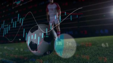 Finans tabloları piyasa analizlerini çizerken oyuncu ileri doğru kayıyor ve topa vuruyor. Sporcu, stadyum, taktik, dinamik, dijital, rekabetçi, teknoloji