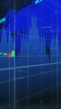 Siyah arkaplan üzerinde numaralar olan çok renkli grafiklerin animasyonu. Dijital olarak üretilen hologram, illüstrasyon, rapor, iş dünyası, rakamlar, soyut, küresel ve teknoloji kavramı.