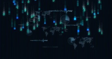 Çift haneli rakamlar, parlayan kareler taşmaya başlıyor, yükselen harita, HUD çizgileri görselleştirici verileri örtüyor. Teknoloji, veri, siber alan, dijital, ağ, bilgi, fütürist