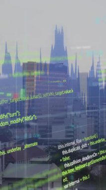 Animation of data processing over cityscape. Global business, finances, computing and data processing concept digitally generated video.