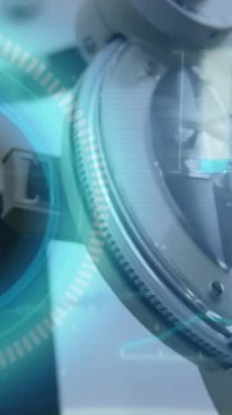 Animation of digital screen with data over optic machinery. Digital interface, computers and data processing concept digitally generated video.