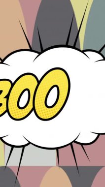 Arka plandaki soyut renkli şekillere karşı retro konuşma baloncuğundaki patlamanın dijital animasyonu. bilgisayar arayüzü ve tipografi kavramı