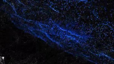 Ortaya çıkan mavi parçacıklar birleşiyor ve koyu taneciklerin üzerinde akışı gösteren kurdeleye dönüşüyorlar. Soyut, hareketli, aydınlık, gradyan, görselleştirme, dijital, bilim