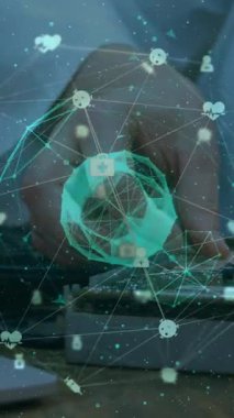 Kafkasyalı bilim adamının bilgisayar yapım ikonlarıyla bağlantı ağının animasyonu. Küresel iş, bağlantılar ve dijital arayüz kavramı dijital olarak oluşturulmuş video.