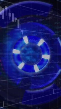Dönen tarayıcıya karşı finansal ve borsa veri işleme animasyonu. Küresel ekonomi ve iş teknolojisi kavramı