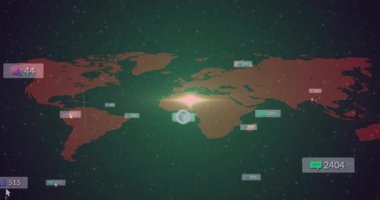 Kırmızı haritada beliren yeşil titreşimli veri etiketleri, kullanıcı etkinliğini gösteren imleç sıcak noktaları. Dijital arayüz, veri görselleştirme, küresel ağ, gerçek zamanlı analiz, geleceksel tasarım, etkileşimli teknoloji, bağlantı