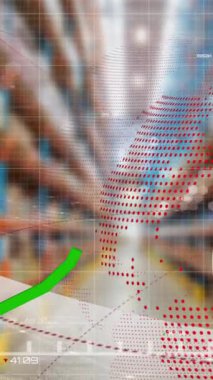 Tüm dünyada ve depoda finansal veri işleme animasyonu. Küresel gönderim, finans, iş, bağlantılar, hesaplama ve veri işleme kavramı dijital olarak oluşturulmuş video.