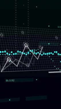 Siyah arka planda finansal veri işleme animasyonu. Küresel teknoloji, bilgisayar ve dijital arayüz kavramı dijital olarak oluşturulmuş video.