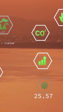 Animation of sustainability and ecology icons over landscape. Ecology, sustainability and data processing concept digitally generated video
