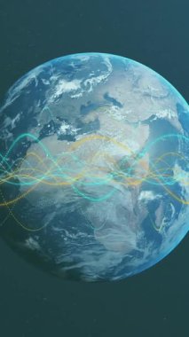 Aydınlatılmış spiral desenlerin siyah arkaplan üzerinde dönen dünyanın animasyonu. Dijital olarak üretilmiş, hologram, illüstrasyon, küreselleşme, soyut ve teknoloji kavramı.