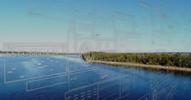 Orman yarımadasını tarayan, AR panellerini başlatan sensör verilerini güncelleyen hava görüşü. Teknoloji, görselleştirme, doğa, analitik, yenilik, fütürist, ekoloji