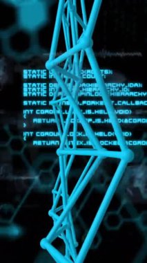 Siyah zemin üzerinde 3D yapıların, molekül yapılarının, radarların ve bilgisayar dillerinin animasyonu. Dijital olarak üretilmiş, hologram, illüstrasyon, anatomi, tıbbi, kodlama ve teknoloji konsepti.