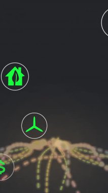 Siyah arka planda parlayan ışık yollarının üzerinde yüzen birden fazla dijital simgenin animasyonu. Yenilenebilir ve sürdürülebilir enerji kavramı