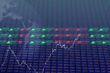 Düz dizayn finansal gösterge paneli okları, çizgi çizelgesi ve harita silueti olan sayı ızgaralarını gösteriyor. Finansal veriler, analitik, dijital arayüz, teknoloji, yatırım, pazar eğilimleri, iş zekası