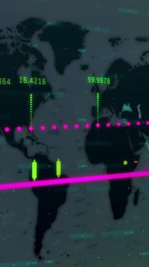 Dünya haritasında bağlantıları ve dijital veri işlemesi olan tıbbi ikonun animasyonu. Dijital olarak oluşturulmuş küresel bağlantılar, hesaplama ve veri işleme kavramı.