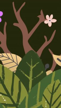 Ağaçların, çiçeklerin, yeşil ve sarı yaprakların ve siyah arka planda hareket eden bitkilerin animasyonu. Doğa, hareket ve renk konsepti dijital olarak oluşturulmuş video.