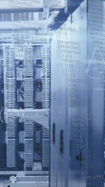 Animation of mathematical equations and data processing over server room. Global technology, computing and digital interface concept digitally generated video.