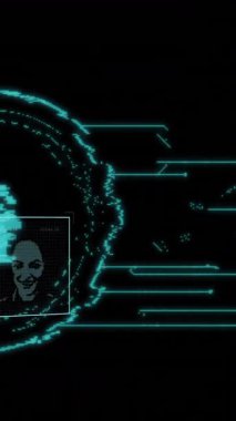 Asma kilit animasyonu, biyometrik fotoğraflar ve karanlık arka planda dijital veri işleme. Küresel siber güvenlik, bağlantılar, hesaplama ve veri işleme kavramı dijital olarak oluşturuldu.