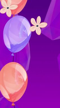 Mor zemin üzerinde kristallere karşı yüzen renkli balonların ve çiçek simgelerinin canlandırılması. Parti ve kutlama konsepti