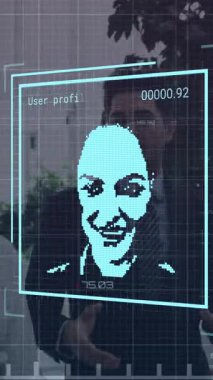 Ofiste çalışan iş adamları üzerinde finansal veri işleme animasyonu. Küresel finans ekonomisi iş ve teknoloji kavramı dijital olarak oluşturulmuş video.