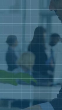 Animation of financial data processing over two caucasian businessmen discussing at office. Global finance and business technology concept