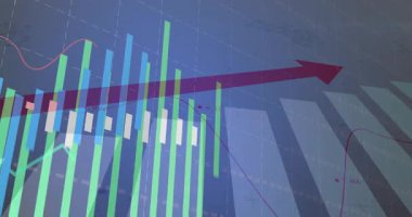 Başlangıç veri tablosunda yükselen çubukları canlandırma, ok kaydırma, yükselen eğilimi göstermek için dalgalanan çizgi. Analizler, görselleştirme, büyüme, yatırım, finans, ilerleme, dijital