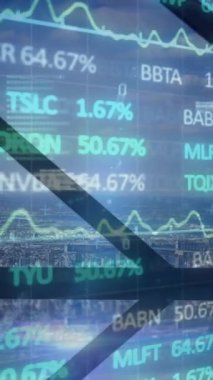 Şehir manzarası üzerindeki çizelgelerin animasyonu. İş, veri işleme ve dijital arayüz kavramı dijital olarak oluşturulmuş video.