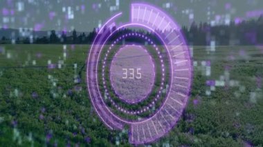 Mor tarama arayüzü görünürken nabız atarken ekin analizi için güncellemeler yaparken. Hud, arayüz, teknoloji, drone, tarım, analiz, dijital