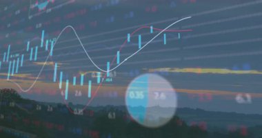 Gün batımından sonra çubuklar kayarken, çizgi grafiği yükseliş ve eğilim eğilimleri gösteriyor. Pazar analizleri, finansal görselleştirme, veri göstergesi, teknik analiz, yatırım eğilimleri, grafik analizi, dijital finans