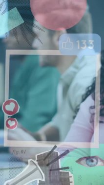 Animation of media icons over diverse business people in office. Global business and digital interface concept digitally generated video.